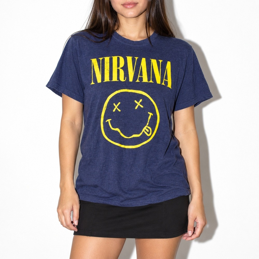 Nirvana Smiley Face T Shirt Size L Navy Yellow 90s Grunge Band Graphic Tee Mens